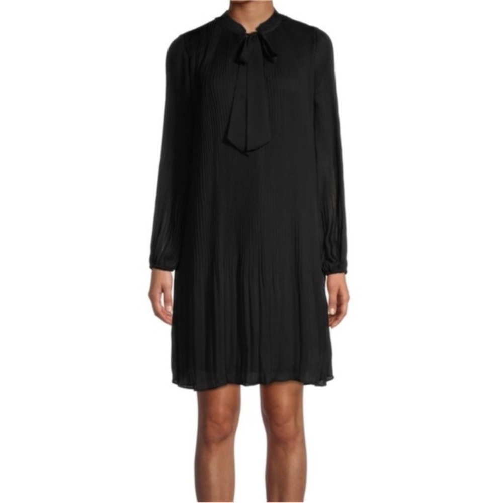 DKNY Black Pleated Tie Neck Shift Dress